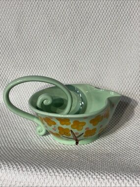 Magenta Mint Green Ceramic Sauce Pourer Yellow Floral Motif and Tree RARE